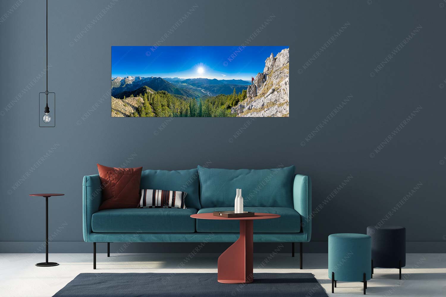 Blick aus dem Soierngebirge über Oberes Isartal in den Sonnenuntergang - Schönes Isartal - Größe ca. 175x70cm, Seitenverhältnis 2,5:1 - Bergsteigen im Soierngebirge - weitere Infos unter https://www.kriner-weiermann.de