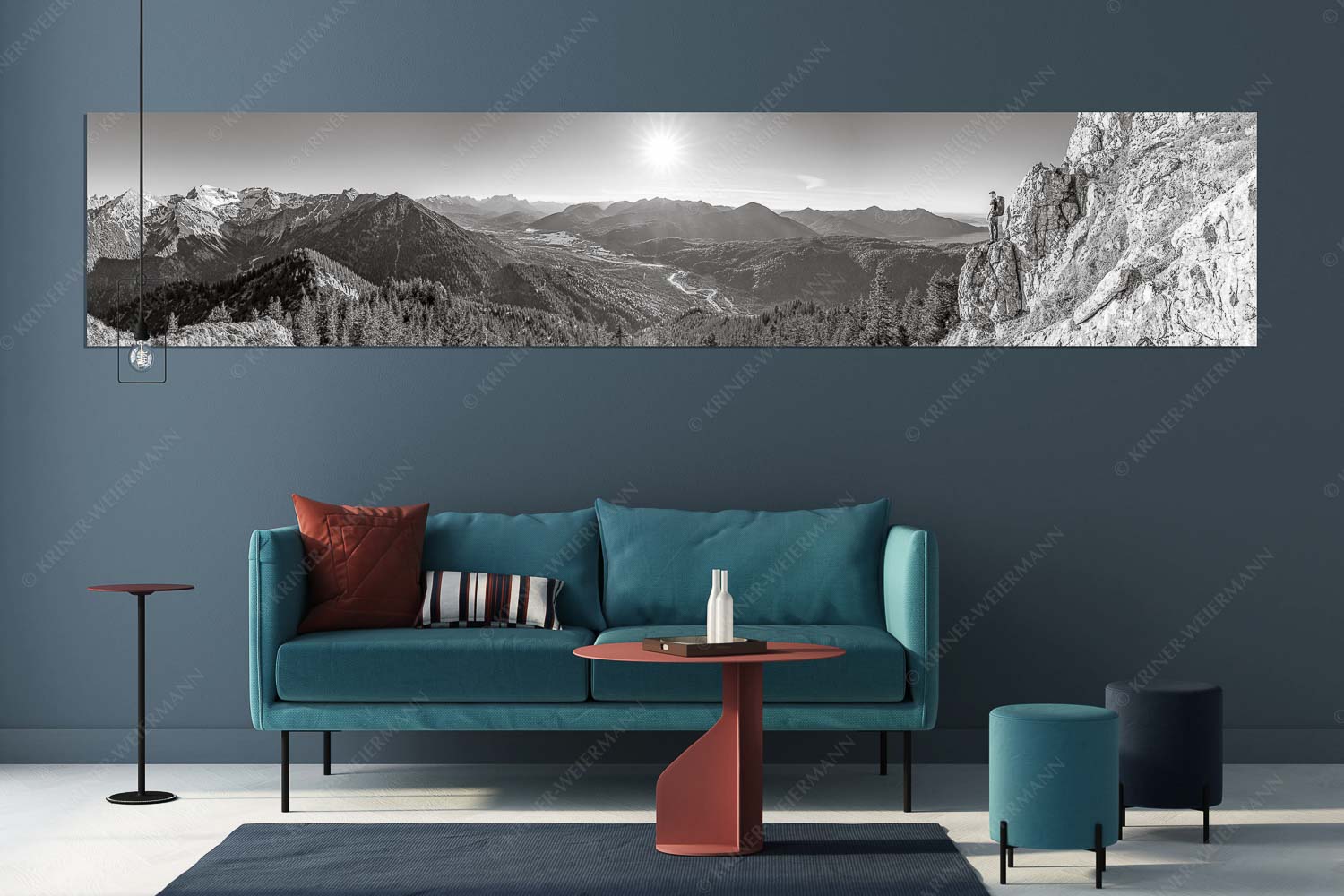 Blick aus dem Soierngebirge über Oberes Isartal in den Sonnenuntergang - Schönes Isartal - Größe ca. 350x70cm, Seitenverhältnis 5:1 - Bergsteigen im Soierngebirge - weitere Infos unter https://www.kriner-weiermann.de