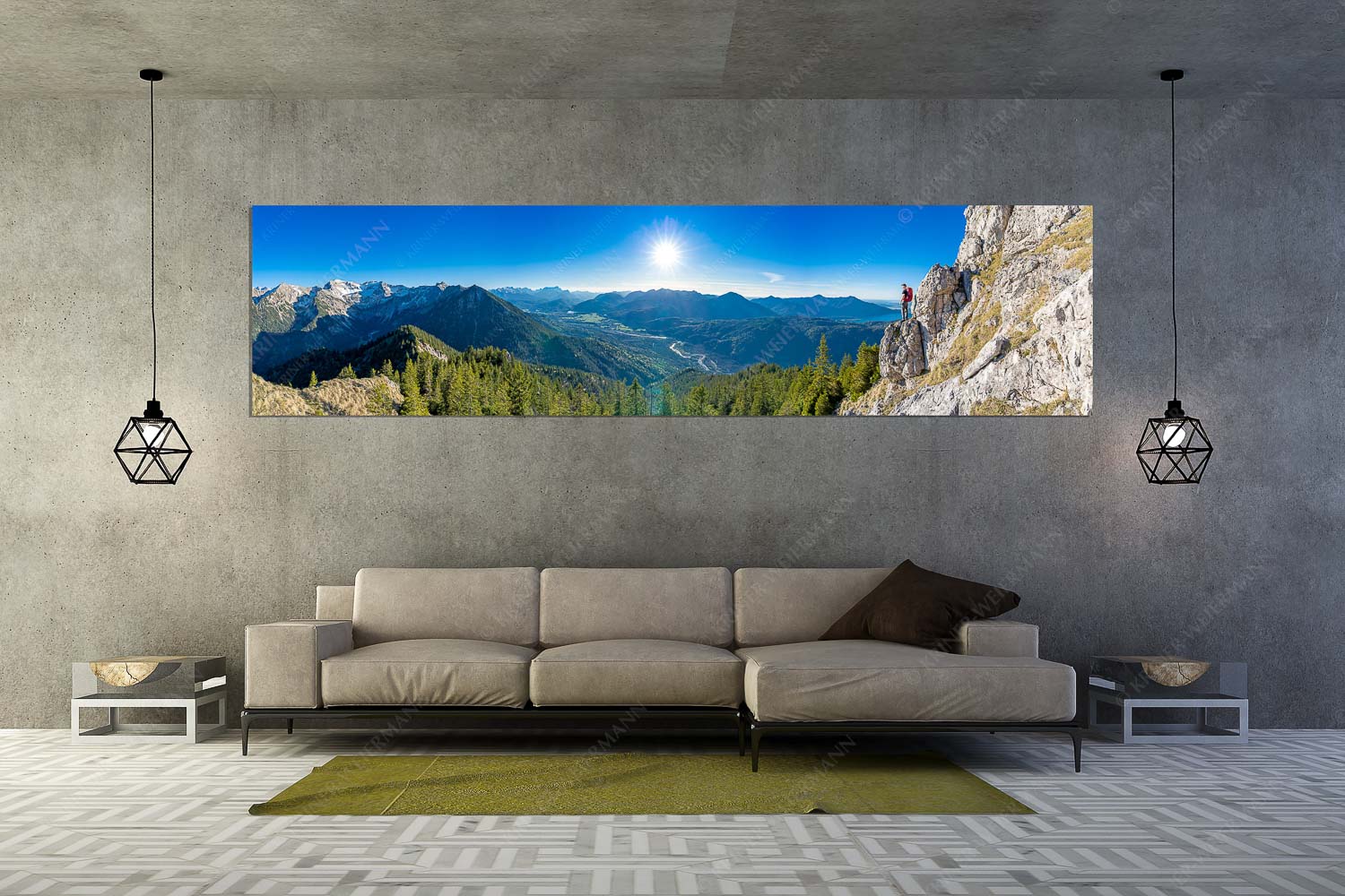 Schönes Isartal – Größe ca. 320x80cm, Seitenverhältnis 4:1 — Bergsteigen im Soierngebirge Blick aus dem Soierngebirge über Oberes Isartal in den Sonnenuntergang - Schönes Isartal - Größe ca. 320x80cm, Seitenverhältnis 4:1 - Bergsteigen im Soierngebirge - weitere Infos unter https://www.kriner-weiermann.de