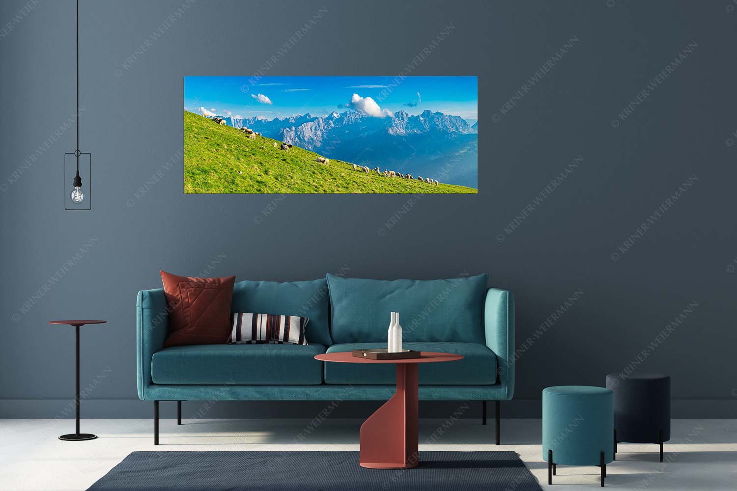 Bergschafe am Schafreiter mit Blick zum Karwendelhauptkamm - Schönste Karwendelweiden - Größe ca. 175x70cm, Seitenverhältnis 2,5:1 - Schafe im Karwendel - weitere Infos unter https://www.kriner-weiermann.de