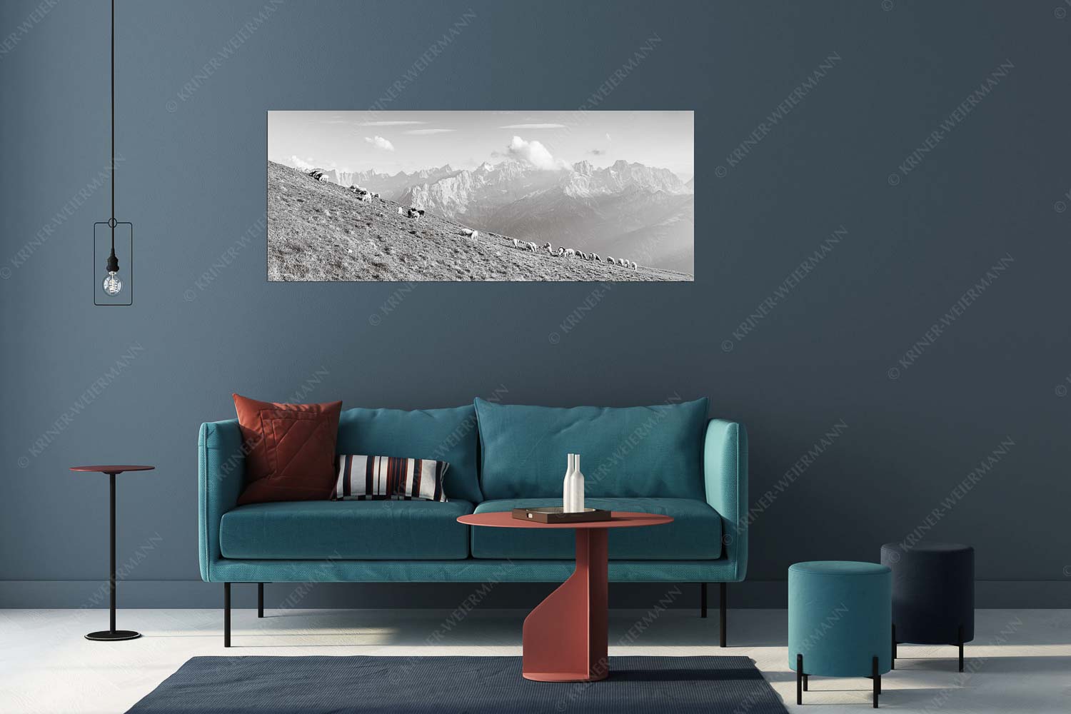 Bergschafe am Schafreiter mit Blick zum Karwendelhauptkamm - Schönste Karwendelweiden - Größe ca. 175x70cm, Seitenverhältnis 2,5:1 - Schafe im Karwendel - weitere Infos unter https://www.kriner-weiermann.de