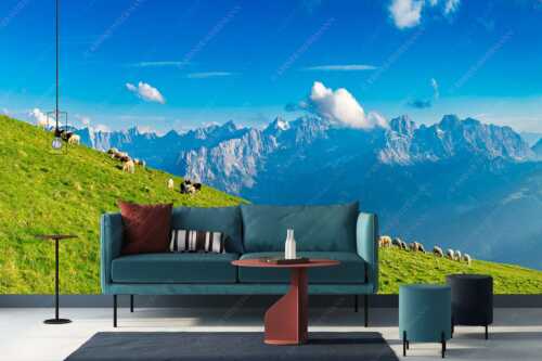 Bergschafe am Schafreiter mit Blick zum Karwendelhauptkamm - Schönste Karwendelweiden - Größe ca. 400x200cm, Seitenverhältnis 2:1 - Schafe im Karwendel - weitere Infos unter https://www.kriner-weiermann.de