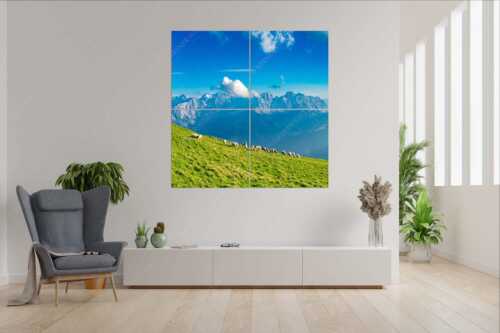 Bergschafe am Schafreiter mit Blick zum Karwendelhauptkamm - Schönste Karwendelweiden - 4er Split, Größe ca. 180x180cm, Seitenverhältnis 1:1 - Schafe im Karwendel - weitere Infos unter https://www.kriner-weiermann.de