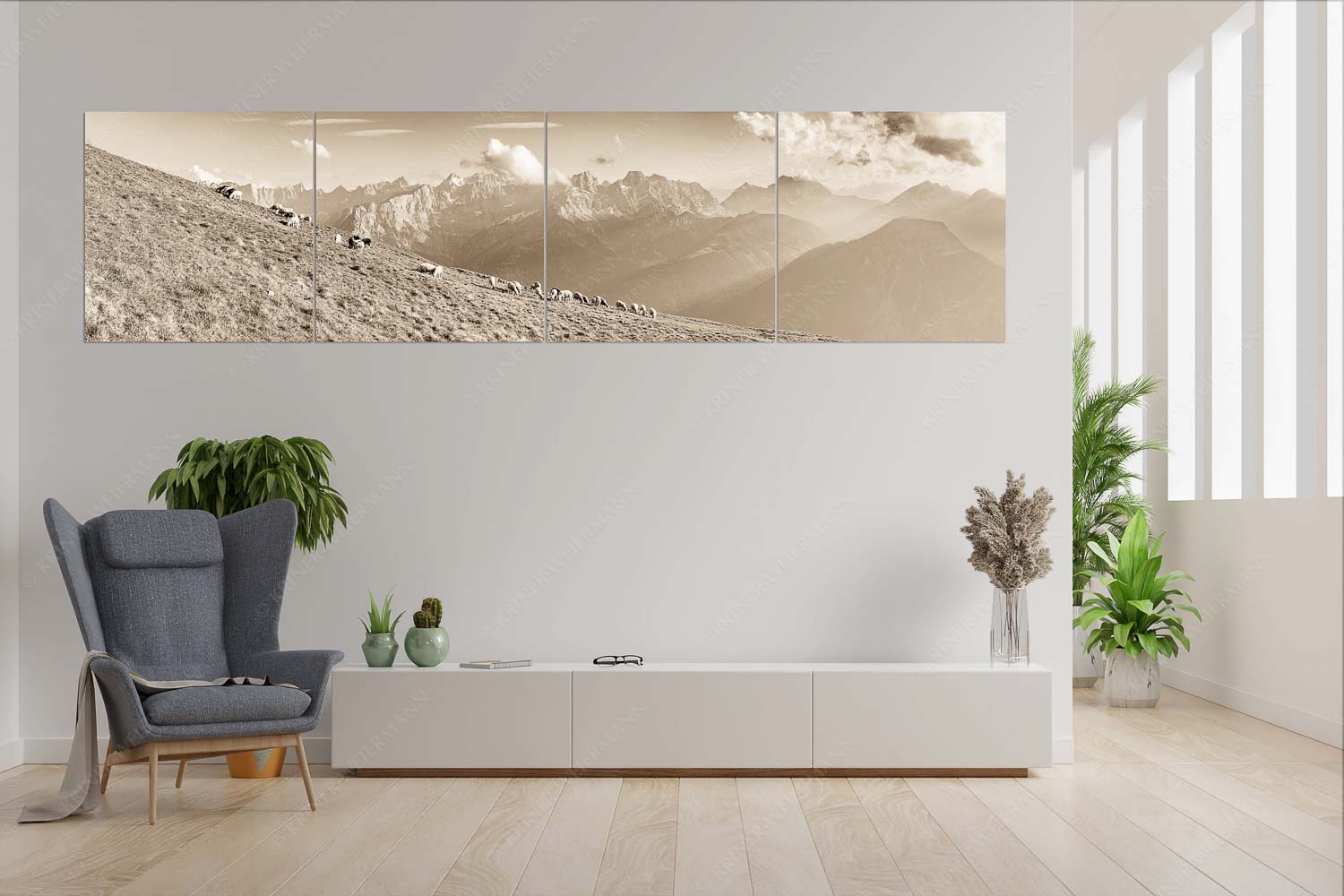 Schönste Karwendelweiden – 4er Split, Größe ca. 280x70cm, Seitenverhältnis 4:1 — Schafe im Karwendel Bergschafe am Schafreiter mit Blick zum Karwendelhauptkamm - Schönste Karwendelweiden - 4er Split, Größe ca. 280x70cm, Seitenverhältnis 4:1 - Schafe im Karwendel - weitere Infos unter https://www.kriner-weiermann.de