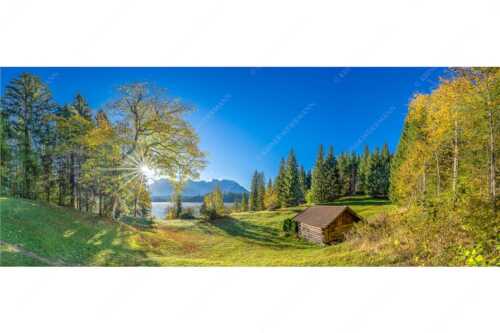 Blick über den Barmsee zum Karwendelgebirge - Schönste Plätze II - Seitenverhältnis 2,5:1 - Alter Ahorn am Barmsee - weitere Infos unter https://www.kriner-weiermann.de