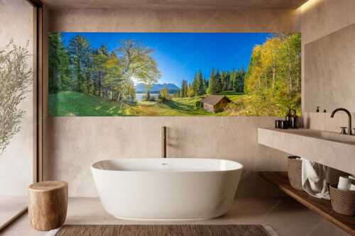 Blick über den Barmsee zum Karwendelgebirge - Schönste Plätze II - Größe ca. 300x100cm, Seitenverhältnis - Alter Ahorn am Barmsee - weitere Infos unter https://www.kriner-weiermann.de