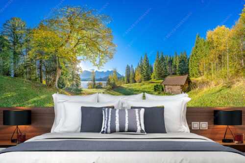 Blick über den Barmsee zum Karwendelgebirge - Schönste Plätze III - Größe ca. 350x140cm, Seitenverhältnis 2,5:1 - Ahorn am Barmsee mit Karwendel - weitere Infos unter https://www.kriner-weiermann.de