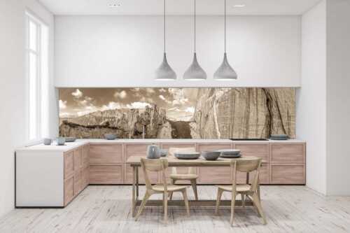 Kletterer vor der Schnitlwand an der Speckkarspitze im Karwendelgebirge - Schwer beeindruckt - Größe ca. 400x100cm, Seitenverhältnis 4: - Schnitlwand Halleranger Karwendel - weitere Infos unter https://www.kriner-weiermann.de