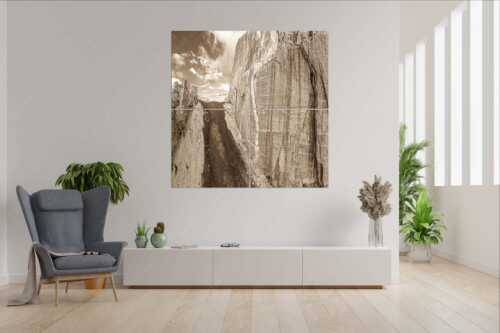 Kletterer vor der Schnitlwand an der Speckkarspitze im Karwendelgebirge - Schwer beeindruckt - 4er Split, Größe ca. 180x180cm, Seitenverhältnis 1:1 - Schnitlwand Halleranger Karwendel - weitere Infos unter https://www.kriner-weiermann.de