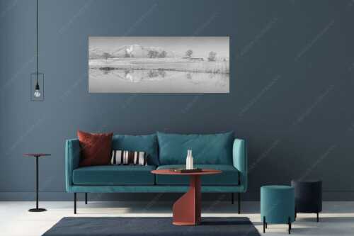 Blick über die Ach bei Uffing zum Hörnle in den Ammergauer Alpen - Silentium - Größe ca. 175x70cm, Seitenverhältnis 2,5:1 - Ach bei Uffing mit Hörnle - weitere Infos unter https://www.kriner-weiermann.de