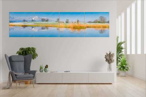 Blick über die Ach bei Uffing zum Hörnle in den Ammergauer Alpen - Silentium - 4er Split, Größe ca. 280x70cm, Seitenverhältnis 4:1 - Ach bei Uffing mit Hörnle - weitere Infos unter https://www.kriner-weiermann.de