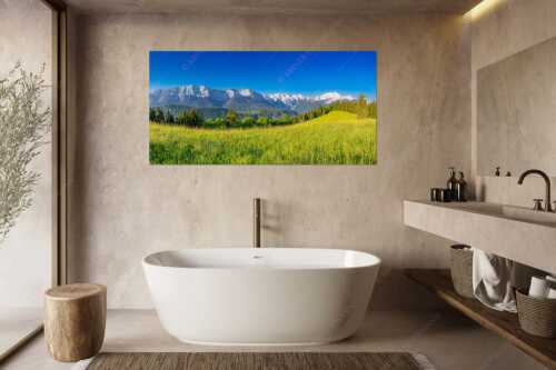 Blick zum Eckbauer und dem Wettertsteingebirge mit Alpspitze und Zugspitze - Sommerwiesenpanorama - Größe ca. 180x90cm, Seitenverhältnis 2:1 - Wetterstein mit Zugspitzmassiv - weitere Infos unter https://www.kriner-weiermann.de