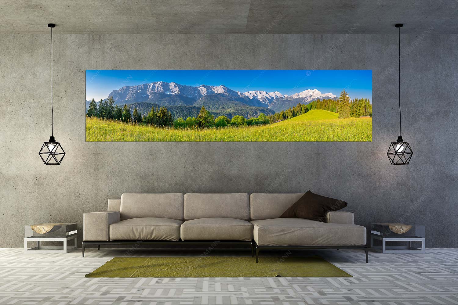 Sommerwiesenpanorama – Größe ca. 320x80cm, Seitenverhältnis 4:1 — Wetterstein mit Zugspitzmassiv Blick zum Eckbauer und dem Wettertsteingebirge mit Alpspitze und Zugspitze - Sommerwiesenpanorama - Größe ca. 320x80cm, Seitenverhältnis 4:1 - Wetterstein mit Zugspitzmassiv - weitere Infos unter https://www.kriner-weiermann.de