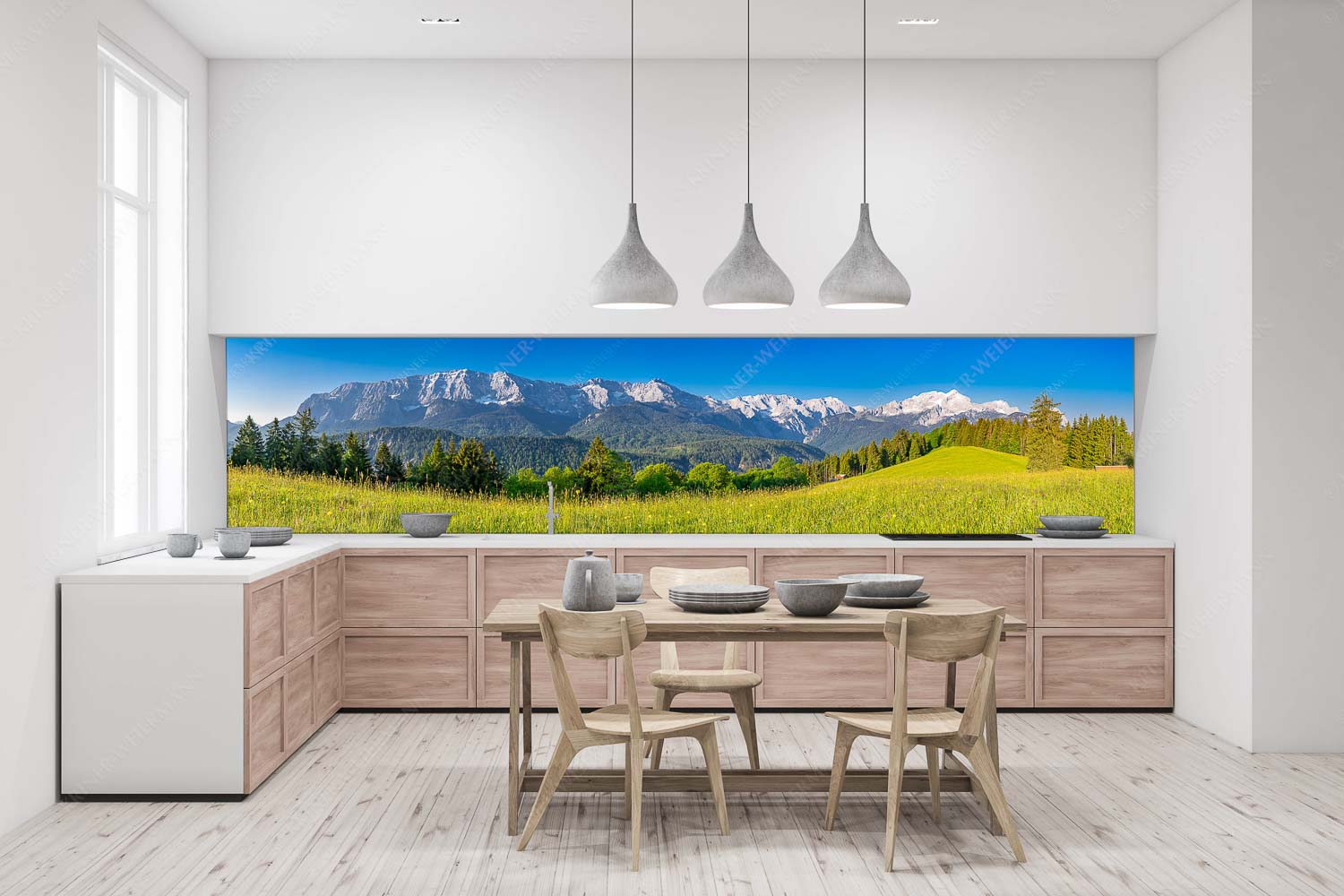 Sommerwiesenpanorama – Größe ca. 400x100cm, Seitenverhältnis 4:1 — Wetterstein mit Zugspitzmassiv Blick zum Eckbauer und dem Wettertsteingebirge mit Alpspitze und Zugspitze - Sommerwiesenpanorama - Größe ca. 400x100cm, Seitenverhältnis 4:1 - Wetterstein mit Zugspitzmassiv - weitere Infos unter https://www.kriner-weiermann.de