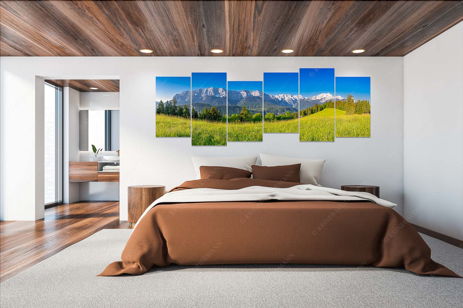 Sommerwiesenpanorama – 6er Split, Größe ca. 280x112cm, Seitenverhältnis 2,5:1 — Wetterstein mit Zugspitzmassiv Blick zum Eckbauer und dem Wettertsteingebirge mit Alpspitze und Zugspitze - Sommerwiesenpanorama - 6er Split, Größe ca. 280x112cm, Seitenverhältnis 2,5:1 - Wetterstein mit Zugspitzmassiv - weitere Infos unter https://www.kriner-weiermann.de