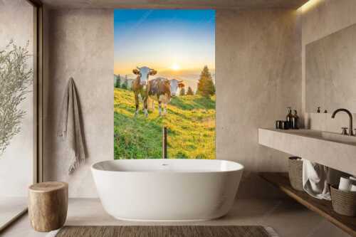 Zwei junge Rinder auf der Wallgauer Alm im Estergebirge bei Sonnenaufgang - Sonnenaufgang auf der Alm - Größe ca. 160x240cm, Seitenverhältnis 2:3 - Kälber auf der Wallgaueralm - weitere Infos unter https://www.kriner-weiermann.de
