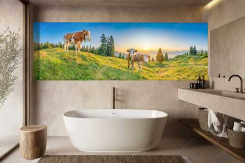 Zwei junge Rinder auf der Wallgauer Alm im Estergebirge bei Sonnenaufgang - Sonnenaufgang auf der Alm - Größe ca. 300x100cm, Seitenverhältnis 3:1 - Kälber auf der Wallgaueralm - weitere Infos unter https://www.kriner-weiermann.de