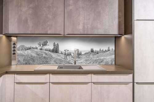 Zwei junge Rinder auf der Wallgauer Alm im Estergebirge bei Sonnenaufgang - Sonnenaufgang auf der Alm - Größe ca. 200x50cm, Seitenverhältnis ca: 4:1 - Kälber auf der Wallgaueralm - weitere Infos unter https://www.kriner-weiermann.de
