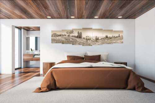 Zwei junge Rinder auf der Wallgauer Alm im Estergebirge bei Sonnenaufgang - Sonnenaufgang auf der Alm - 7er Split, Größe ca. 300x75cm, Seitenverhältnis 4:1 - Kälber auf der Wallgaueralm - weitere Infos unter https://www.kriner-weiermann.de