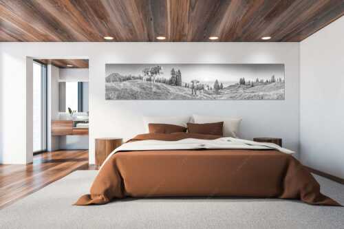 Zwei junge Rinder auf der Wallgauer Alm im Estergebirge bei Sonnenaufgang - Sonnenaufgang auf der Alm - Größe ca. 300x60cm, Seitenverhältnis 5:1 - Kälber auf der Wallgaueralm - weitere Infos unter https://www.kriner-weiermann.de