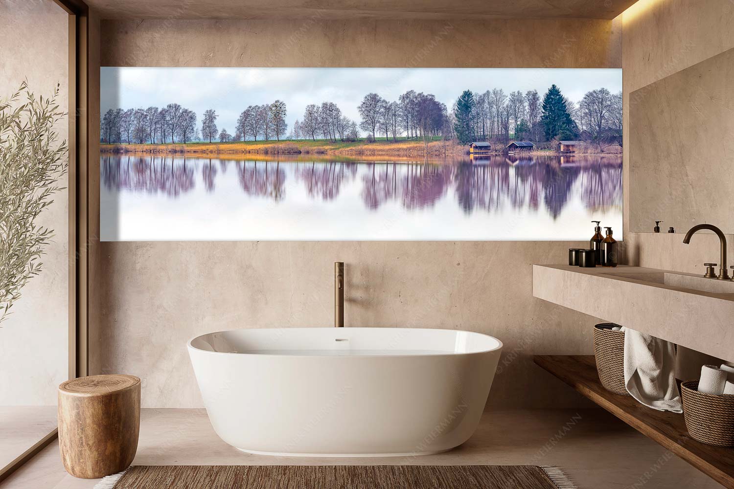 Spieglein-Spieglein – Größe ca. 300x100cm, Seitenverhältnis 3:1 — Bootshütten am Staffelsee Spiegelungen am Staffelsee in Uffing - Spieglein-Spieglein - Größe ca. 300x100cm, Seitenverhältnis 3:1 - Bootshütten am Staffelsee - weitere Infos unter https://www.kriner-weiermann.de