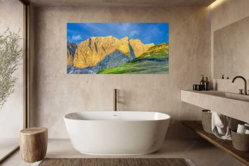 Blick über Lalidereralm Hochleger zur Dreizinkenspitze - Staade Oim - Größe ca. 180x90cm, Seitenverhältnis 2:1 - Lalidereralm Hochleger im Karwendel - weitere Infos unter https://www.kriner-weiermann.de