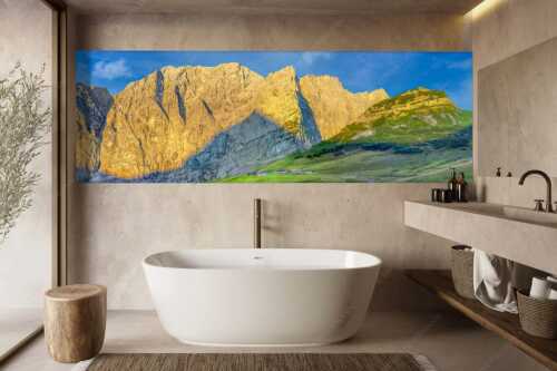 Blick über Lalidereralm Hochleger zur Dreizinkenspitze - Staade Oim - Größe ca. 300x100cm, Seitenverhältnis 3:1 - Lalidereralm Hochleger im Karwendel - weitere Infos unter https://www.kriner-weiermann.de