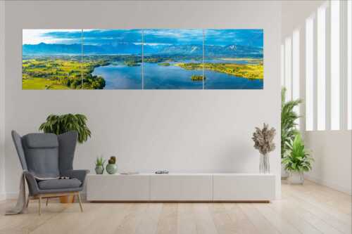 Blick über den Staffelsee ins Estergebirge und den Ammergauer Alpen - Staffelsee - 4er Split, Größe ca. 280x70cm, Seitenverhältnis 4:1 - Seehausen Murnau - weitere Infos unter https://www.kriner-weiermann.de
