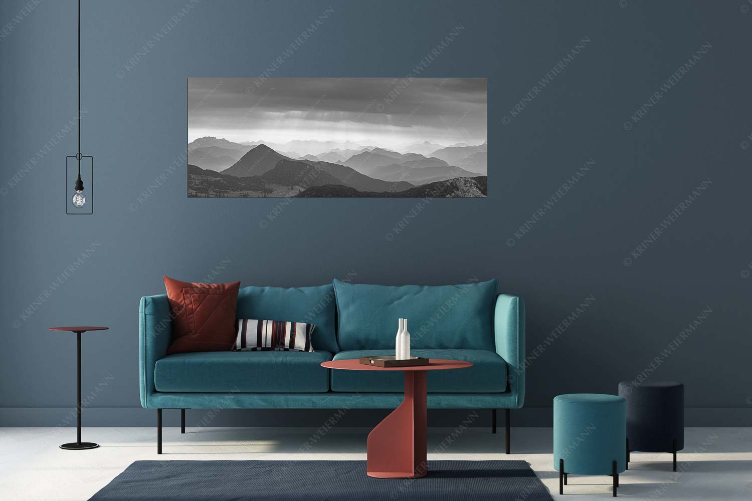 Einducksvolle Lichtstimmung im Estergebirge mit Blick in die Bayerischen Voralpen - Strahlen - Größe ca. 175x70cm, Seitenverhältnis 2,5:1 - Bayerische Voralpen - weitere Infos unter https://www.kriner-weiermann.de