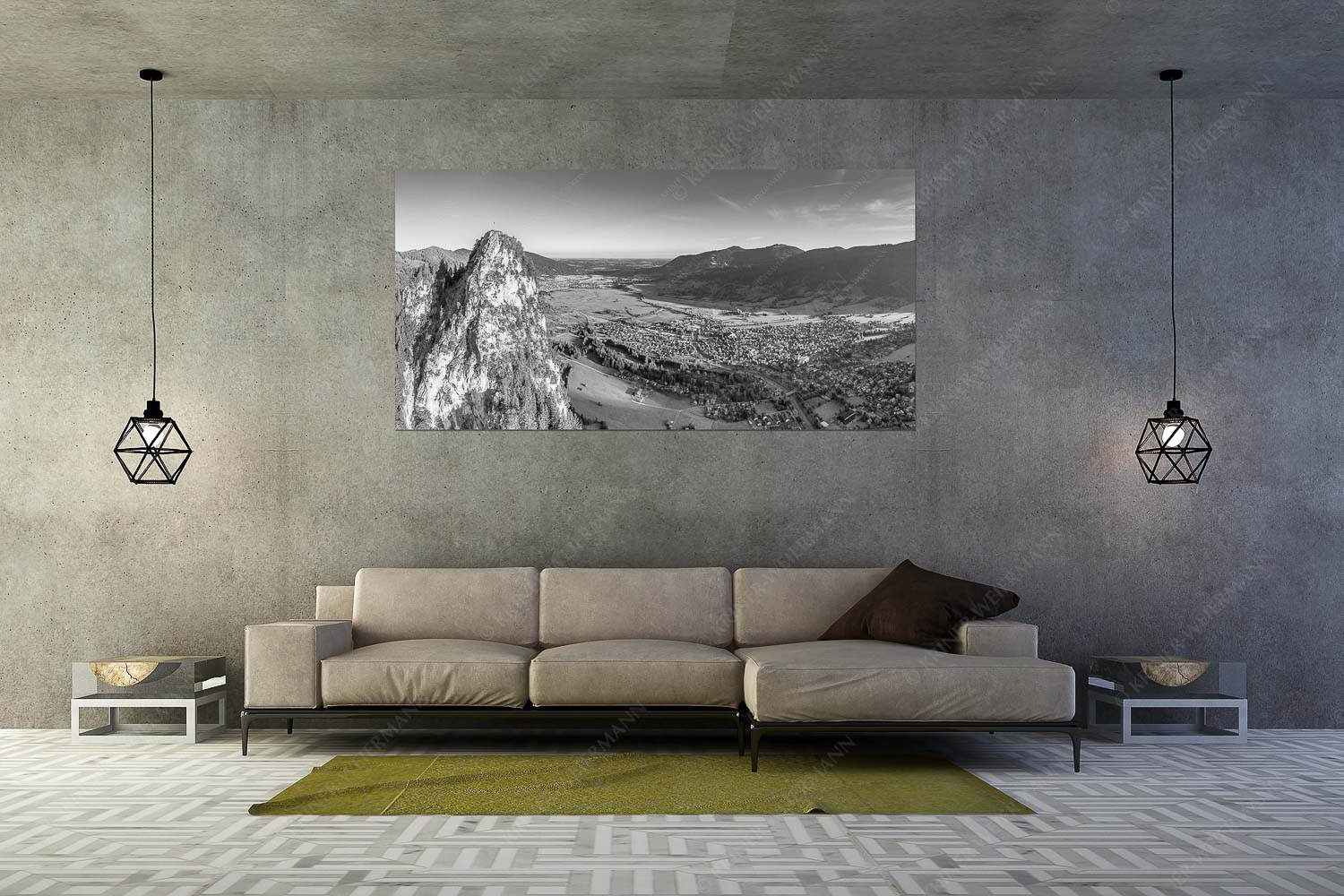 Talwächter – Größe ca. 200x100cm, Seitenverhältnis 2:1 — Kofel mit Oberammergau Blick am Kofel vorbei über Oberammergau zum Hörnle - Talwächter - Größe ca. 200x100cm, Seitenverhältnis 2:1 - Kofel mit Oberammergau - weitere Infos unter https://www.kriner-weiermann.de
