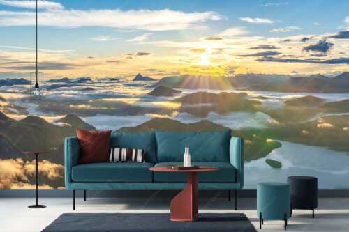 Nebelschleier hängen noch in den Tälern wärend die Sonne über dem Walchensee aufgeht - Über den Wolken - Größe ca. 400x200cm, Seitenverhältnis 2:1 - Sonnenaufgang über Walchensee - weitere Infos unter https://www.kriner-weiermann.de