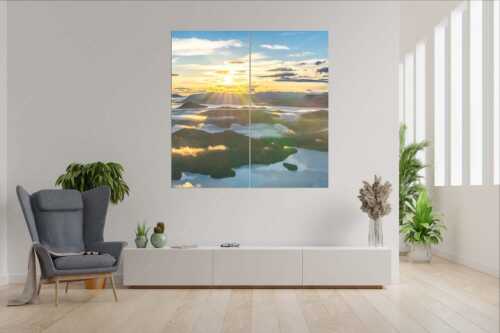 Nebelschleier hängen noch in den Tälern wärend die Sonne über dem Walchensee aufgeht - Über den Wolken - 4er Split, Größe ca. 180x180cm, Seitenverhältnis 1:1 - Sonnenaufgang über Walchensee - weitere Infos unter https://www.kriner-weiermann.de