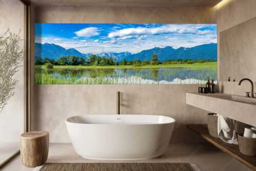 Überschwemmtes Feld nach Hochwasser bei Murnau mit Zugspitzmassiv - Überfluss - Größe ca. 300x100cm, Seitenverhältnis 3:1 - Murnau mit Alpspitze und Zugspitze - weitere Infos unter https://www.kriner-weiermann.de