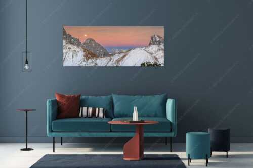 Vollmondaufgang über Öfelekopf mit Scharnitzjoch Gehrenspitze und Karwendel im Hintergrund - Übergänge - Größe ca. 175x70cm, Seitenverhältnis 2,5:1 - Wetterstein- und Karwendelgebirge - weitere Infos unter https://www.kriner-weiermann.de