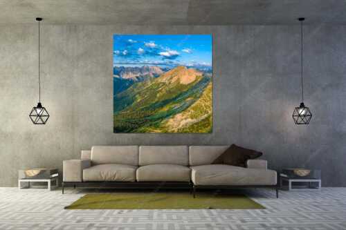 Blick an der Krapfenkar- und Soiernspitze vorbei ins Karwendelgebirge - Überm Fermesbachtal - Größe ca. 160x160cm, Seitenverhältnis 1:1 - Soiernspitze und Karwendel - weitere Infos unter https://www.kriner-weiermann.de