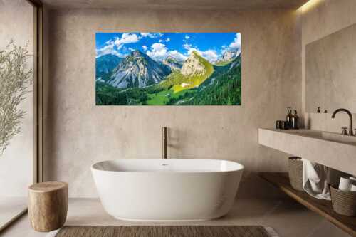 Blick über die Kastenalm im Karwendel ins Roßloch - Übern Kasten - Größe ca. 180x90cm, Seitenverhältnis 2:1 - Kastenalm im Hinterautal - weitere Infos unter https://www.kriner-weiermann.de