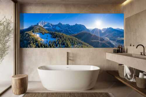Blick über Rehbergalm ins Karwendel- und Wettersteingebirge - Übern Rehberg - Größe ca. 300x100cm, Seitenverhältnis 3:1 - Wörner Tiefkar und Karwendelkopf - weitere Infos unter https://www.kriner-weiermann.de