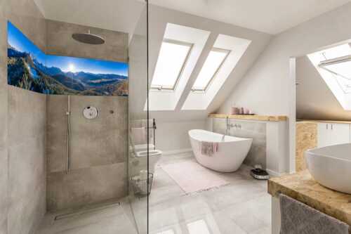 Blick über Rehbergalm ins Karwendel- und Wettersteingebirge - Übern Rehberg - Größe ca. 240x60cm, Seitenverhältnis 4:1 - Wörner Tiefkar und Karwendelkopf - weitere Infos unter https://www.kriner-weiermann.de