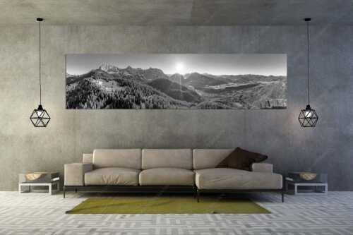 Blick über Rehbergalm ins Karwendel- und Wettersteingebirge - Übern Rehberg - Größe ca. 320x80cm, Seitenverhältnis 4:1 - Wörner Tiefkar und Karwendelkopf - weitere Infos unter https://www.kriner-weiermann.de