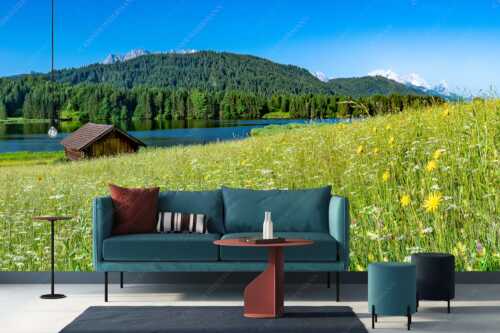 Blick über Blumenwiese am Geroldsee zum Zugspitzmassiv im Wetterstein - Üppiges Wiesmahd - Größe ca. 400x200cm, Seitenverhältnis 2:1 - Blumenwiese am Geroldsee - weitere Infos unter https://www.kriner-weiermann.de