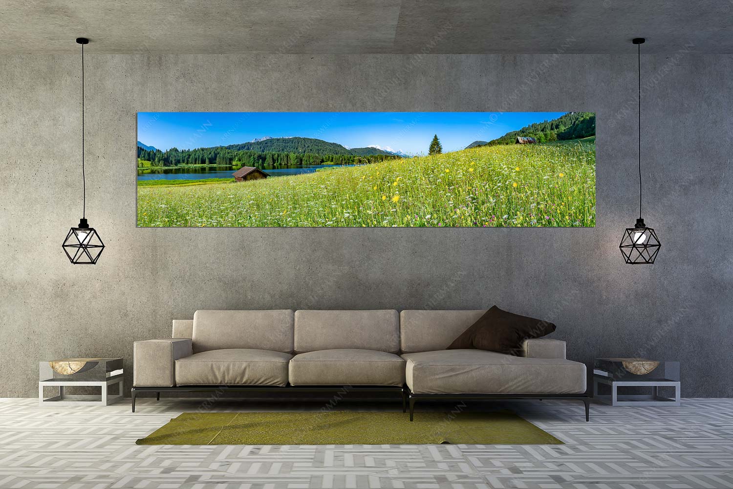 Blick über Blumenwiese am Geroldsee zum Zugspitzmassiv im Wetterstein - Üppiges Wiesmahd - Größe ca. 320x80cm, Seitenverhältnis 4:1 - Blumenwiese am Geroldsee - weitere Infos unter https://www.kriner-weiermann.de