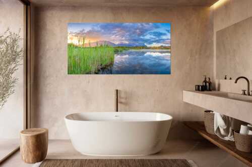 Sonnenaufgang am Barmsee mit Blick zum Karwendel und Wettersteingebirge - Utopia III - Größe ca. 180x90cm, Seitenverhältnis 2:1 - Morgenstimmung am Barmsee - weitere Infos unter https://www.kriner-weiermann.de