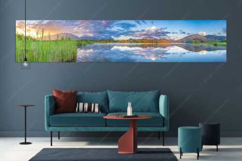 Sonnenaufgang am Barmsee mit Blick zum Karwendel und Wettersteingebirge - Utopia III - Größe ca. 350x70cm, Seitenverhältnis 5:1 - Morgenstimmung am Barmsee - weitere Infos unter https://www.kriner-weiermann.de