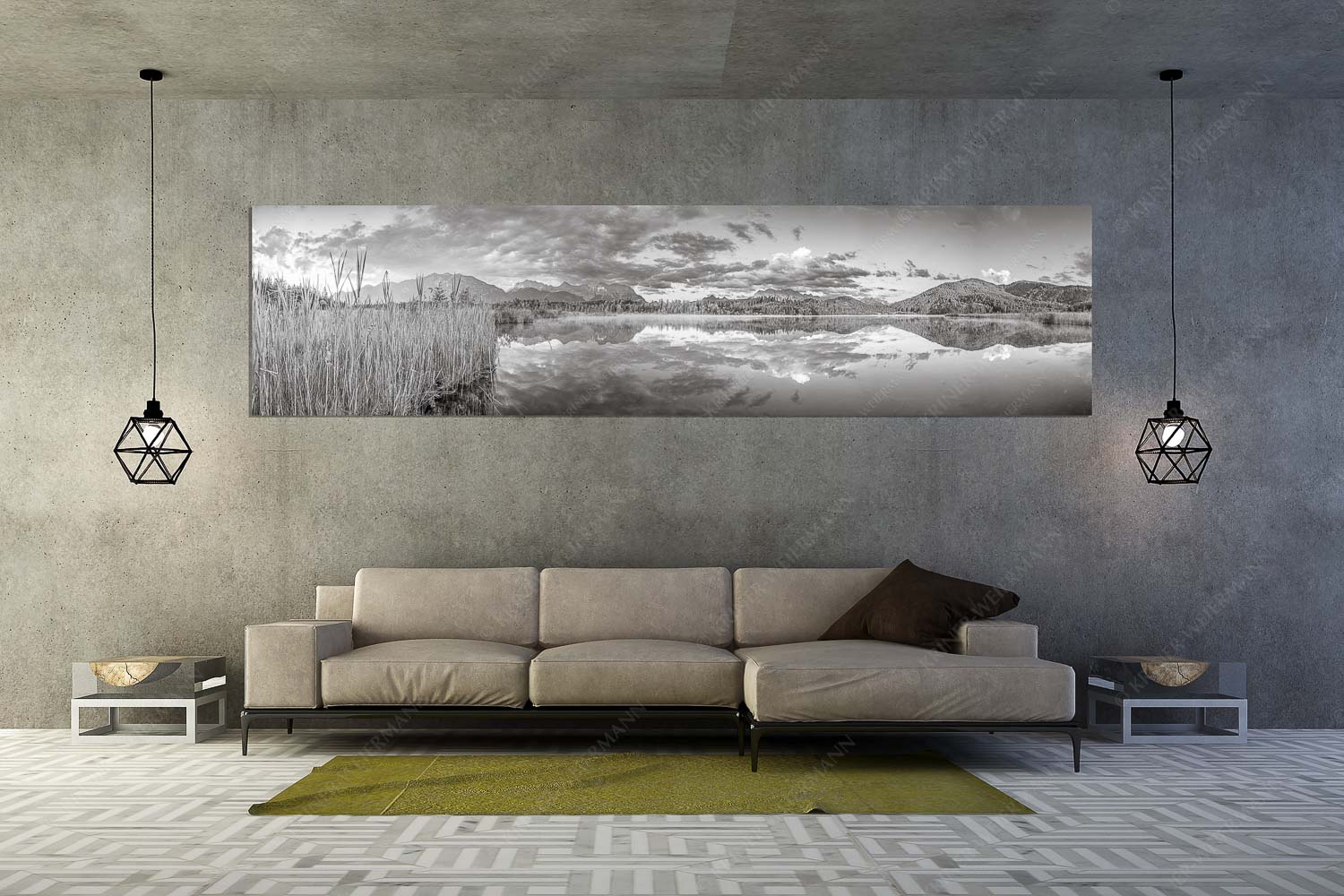 Utopia III – Größe ca. 320x80cm, Seitenverhältnis 4:1 — Morgenstimmung am Barmsee Sonnenaufgang am Barmsee mit Blick zum Karwendel und Wettersteingebirge - Utopia III - Größe ca. 320x80cm, Seitenverhältnis 4:1 - Morgenstimmung am Barmsee - weitere Infos unter https://www.kriner-weiermann.de