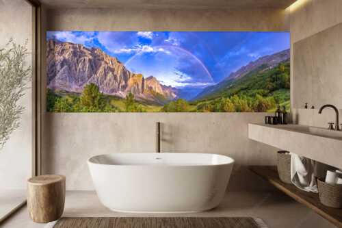 Regenbogen über dem Lafatscher und dem Halleranger im Karwendelgebirge - Verzaubert - Größe ca. 300x100cm, Seitenverhältnis 3:1 - Regenbogen Halleranger im Karwendelgebirge - weitere Infos unter https://www.kriner-weiermann.de