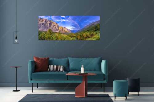 Regenbogen über dem Lafatscher und dem Halleranger im Karwendelgebirge - Verzaubert - Größe ca. 175x70cm, Seitenverhältnis 2,5:1 - Regenbogen Halleranger im Karwendelgebirge - weitere Infos unter https://www.kriner-weiermann.de