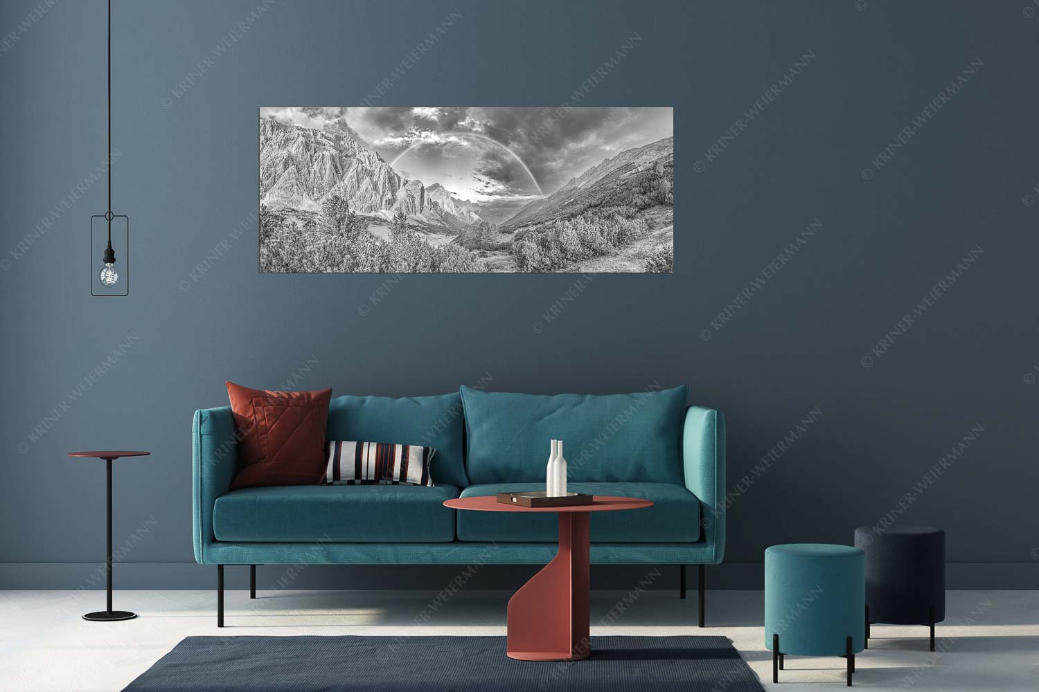 Regenbogen über dem Lafatscher und dem Halleranger im Karwendelgebirge - Verzaubert - Größe ca. 175x70cm, Seitenverhältnis 2,5:1 - Regenbogen Halleranger im Karwendelgebirge - weitere Infos unter https://www.kriner-weiermann.de