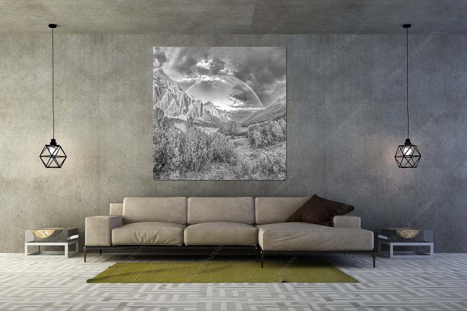 Verzaubert – Größe ca. 160x160cm, Seitenverhältnis 1:1 — Regenbogen Halleranger im Karwendelgebirge Regenbogen über dem Lafatscher und dem Halleranger im Karwendelgebirge - Verzaubert - Größe ca. 160x160cm, Seitenverhältnis 1:1 - Regenbogen Halleranger im Karwendelgebirge - weitere Infos unter https://www.kriner-weiermann.de