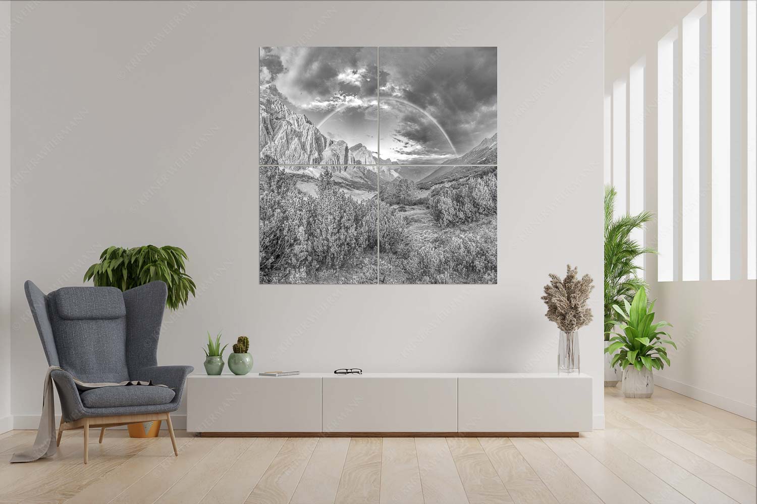 Verzaubert – 4er Split, Größe ca. 180x180cm, Seitenverhältnis 1:1 — Regenbogen Halleranger im Karwendelgebirge Regenbogen über dem Lafatscher und dem Halleranger im Karwendelgebirge - Verzaubert - 4er Split, Größe ca. 180x180cm, Seitenverhältnis 1:1 - Regenbogen Halleranger im Karwendelgebirge - weitere Infos unter https://www.kriner-weiermann.de