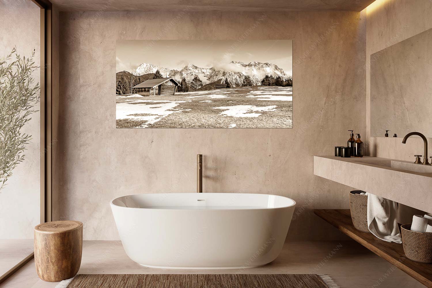 Viel ist nicht mehr übrig – Größe ca. 180x90cm, Seitenverhältnis 2:1 — Heustadel und Karwendel Letzte Schneereste auf den Wiesen und das Karwendelgebirge im Hintergrund - Viel ist nicht mehr übrig - Größe ca. 180x90cm, Seitenverhältnis 2:1 - Heustadel und Karwendel - weitere Infos unter https://www.kriner-weiermann.de